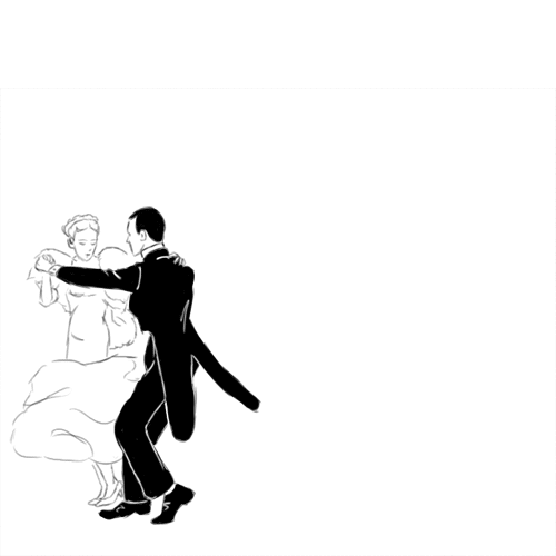 A couple dancing a slow waltz, drawn in ink