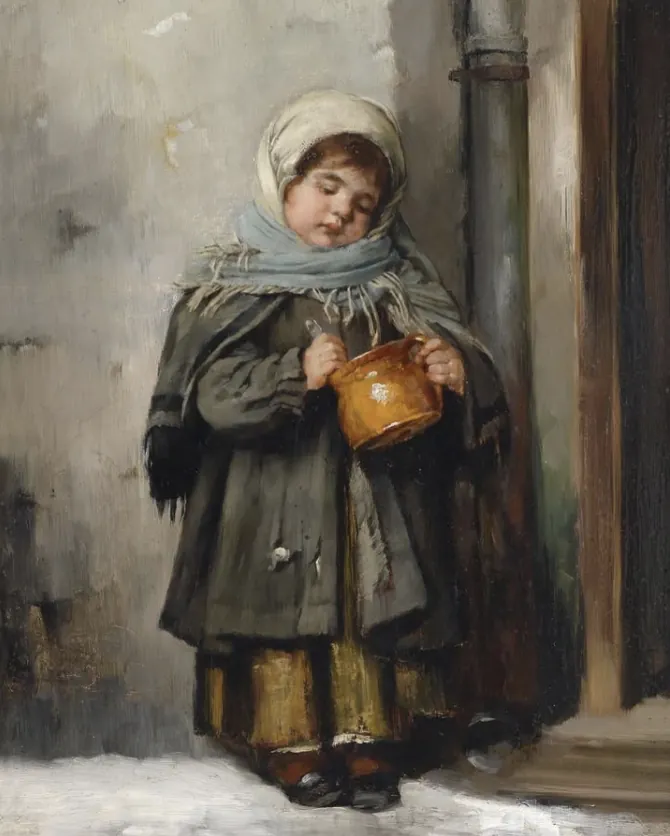 A child in a headscarf holds a small pot