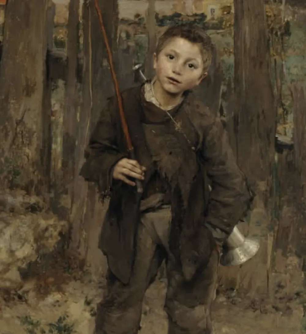 A boy in a worn coat holding a stick, standing in a wood