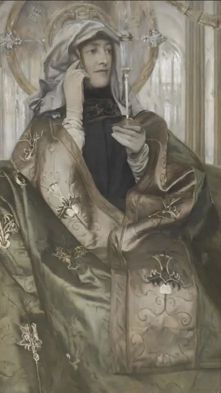 A woman in a pale embroidered robe, half turned away