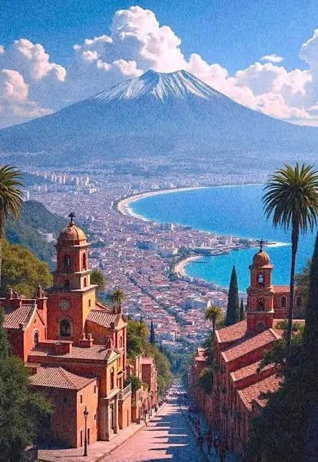 Naples seen from the hill, the bay and Vesuvius behind the bell towers